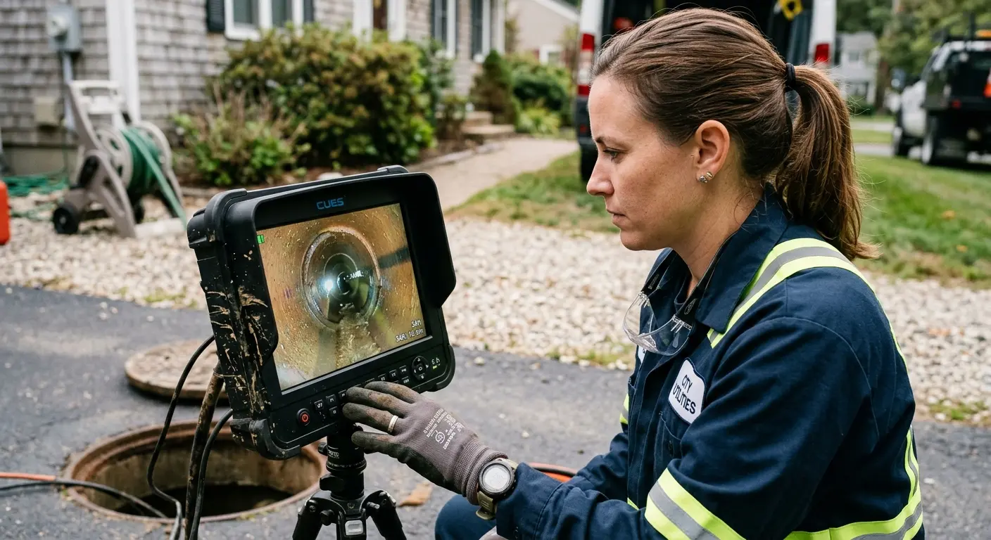 Technician reviewing sewer camera inspection footage in Walkersville