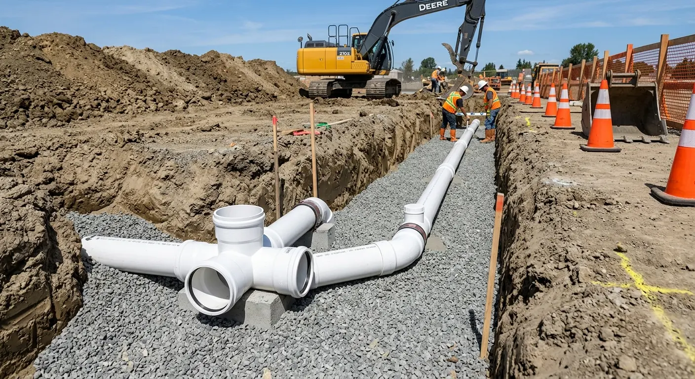 New PVC sewer pipe installation in open trench for Sewer Backup in Walkersville